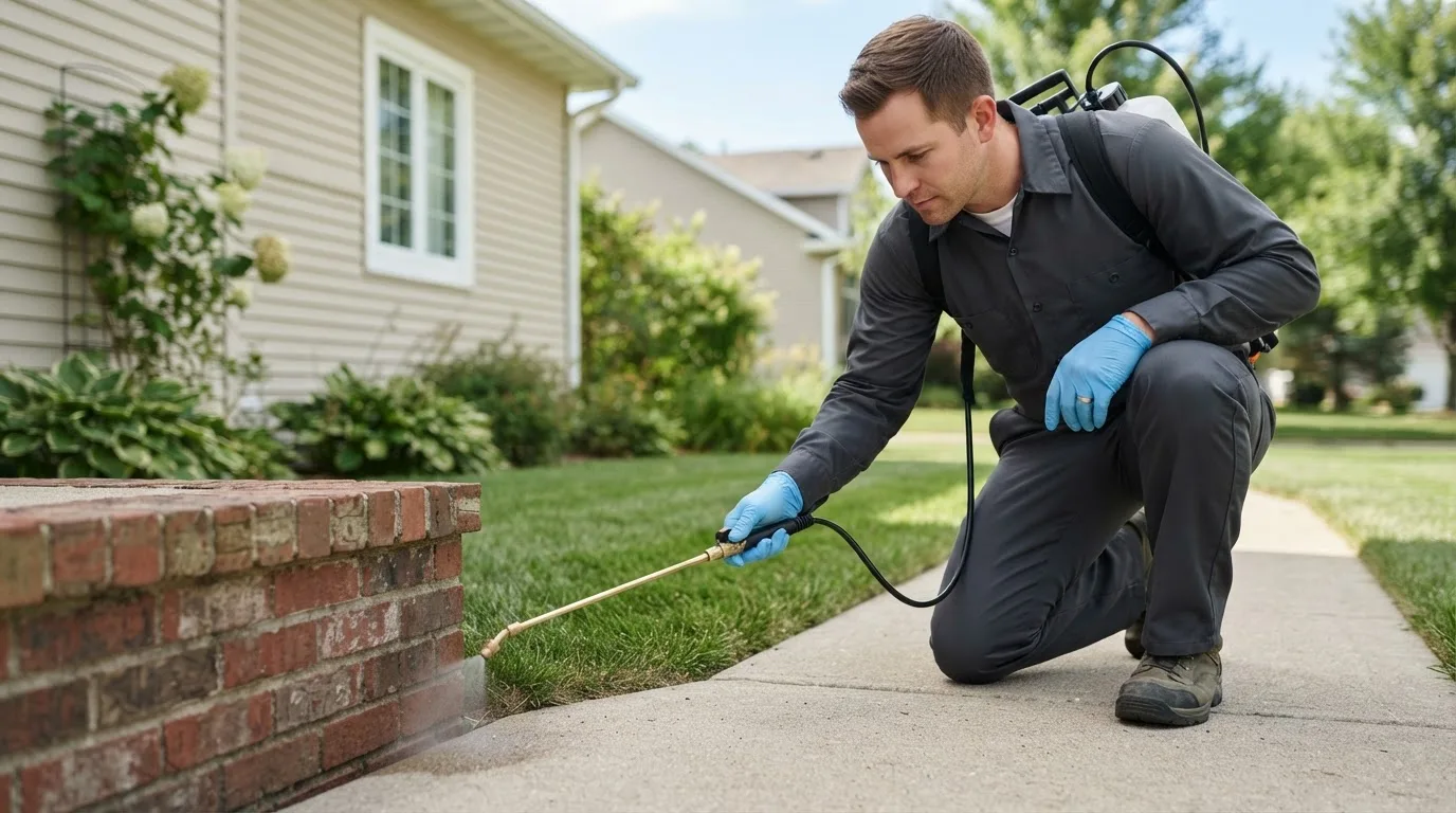 Pest control technician treating a home near Troy, NH
